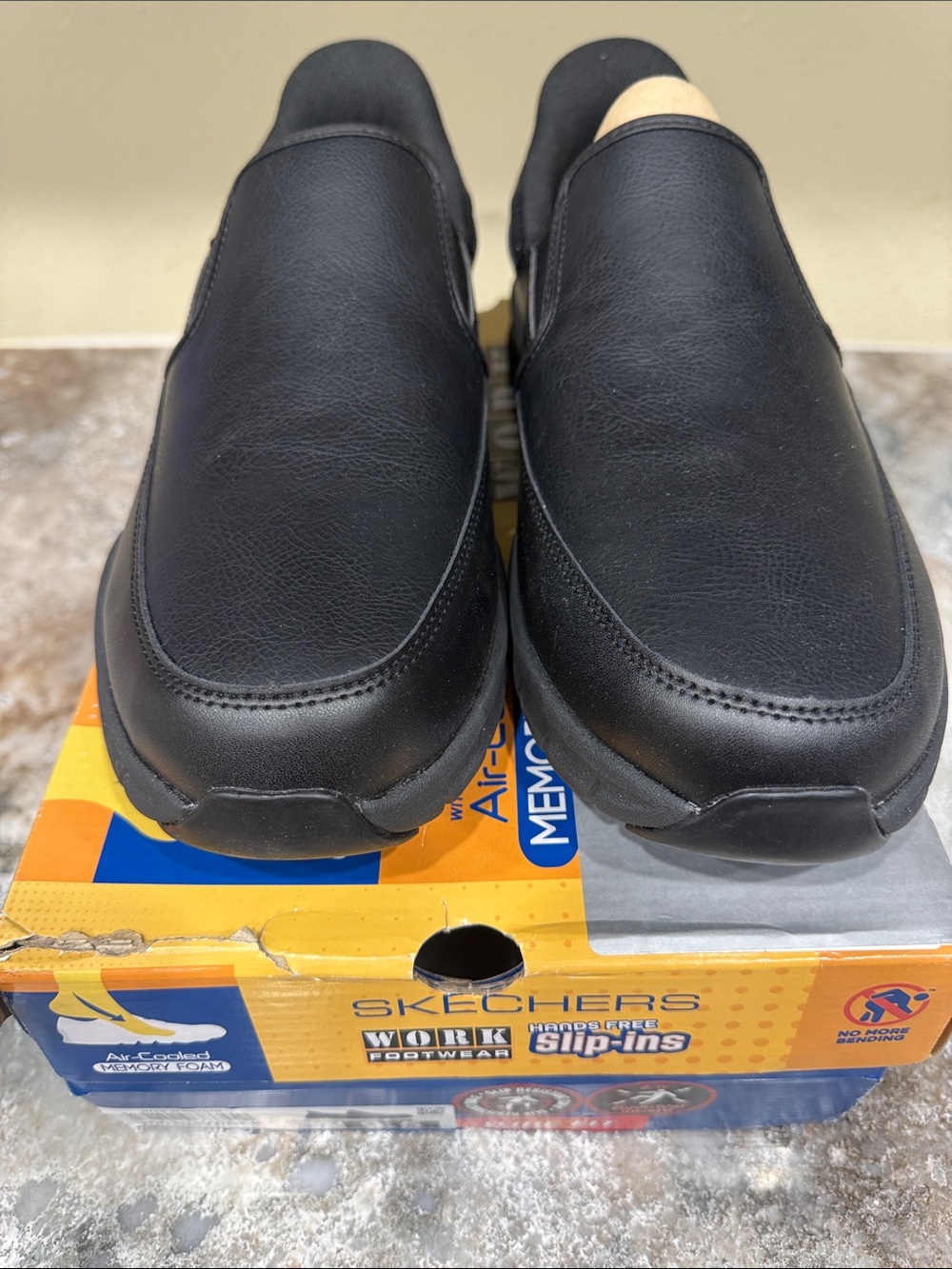 Skechers Black Slip-On Work Loafers with Smooth Leather Upper